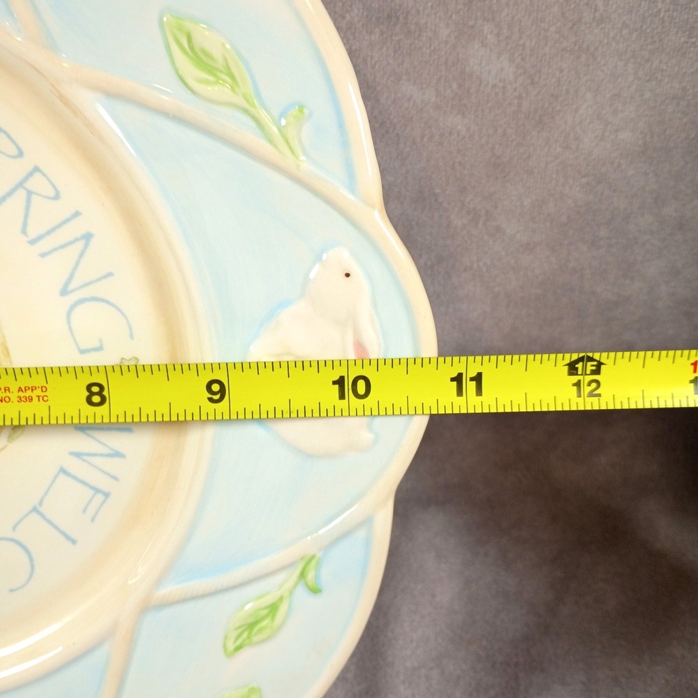 Welcome Spring Bunny Rabbit Plate Blue Green Easter Decorative Russ Berrie - Picture 2 of 7